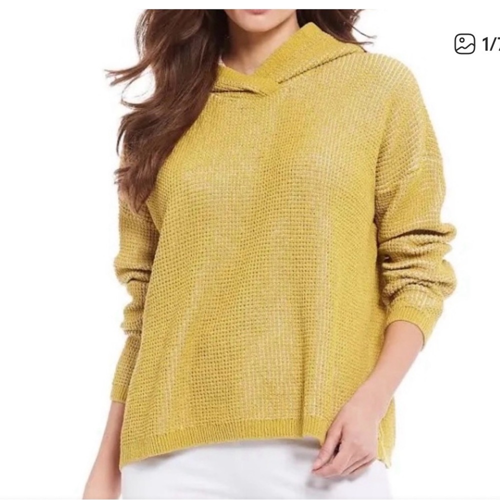Eileen Fisher Mustard Yellow Waffle-Knit Hoodie Sweater